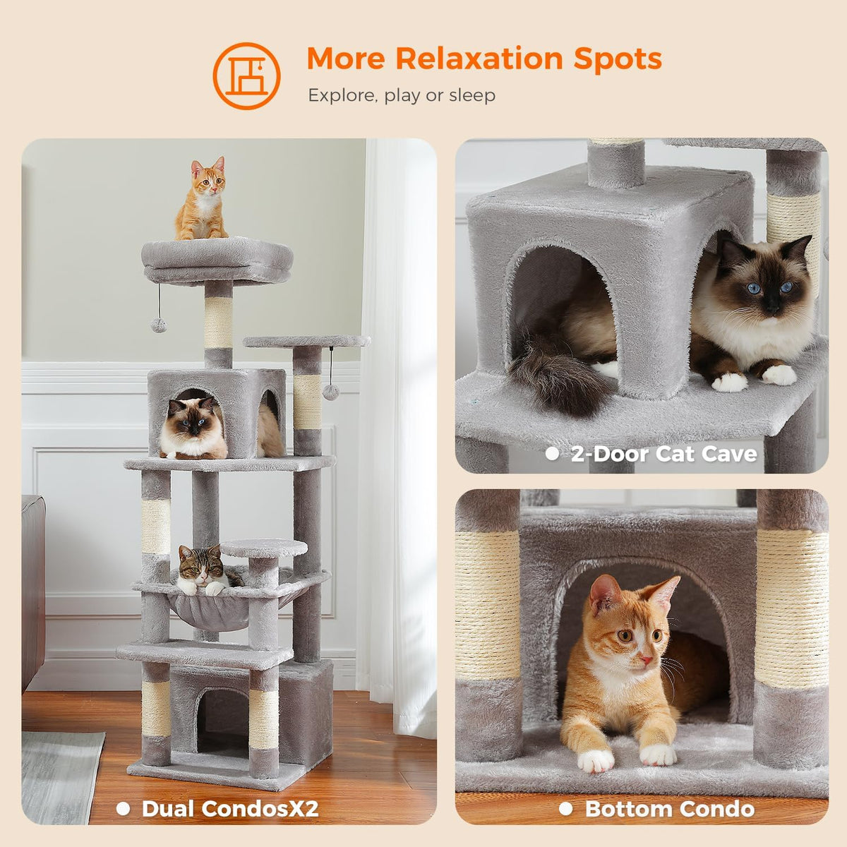 PAWZ Road Cat Tree, 53.5 Inches Tall Cat Tower with Spacious Hammocks, Condos and Scratching Posts