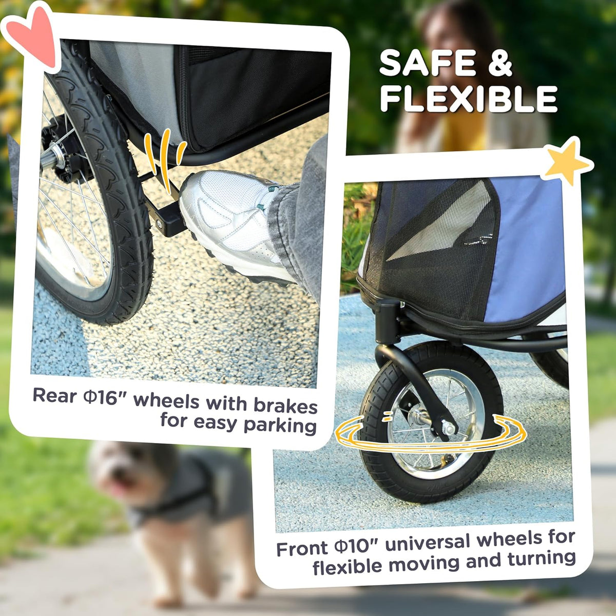 PawHut Dog Stroller, Pet Stroller 3 Wheels with Easy One-Hand Fold, Rubber Wheels, Storage Bag