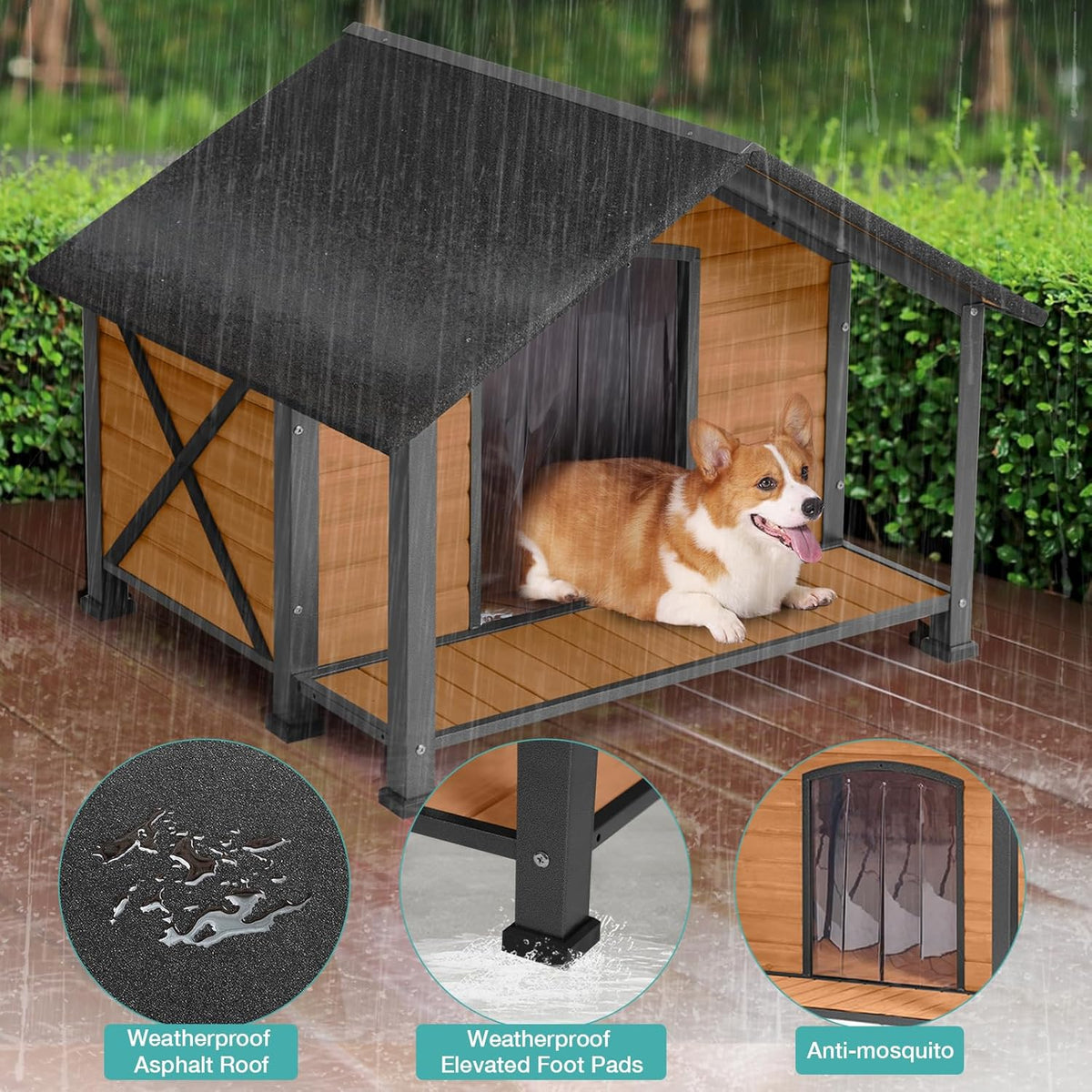 Outdoor Dog House,Weatherproof Wooden Dog Shelter for Small to Medium Sized Dogs,Iron Frame Indoor