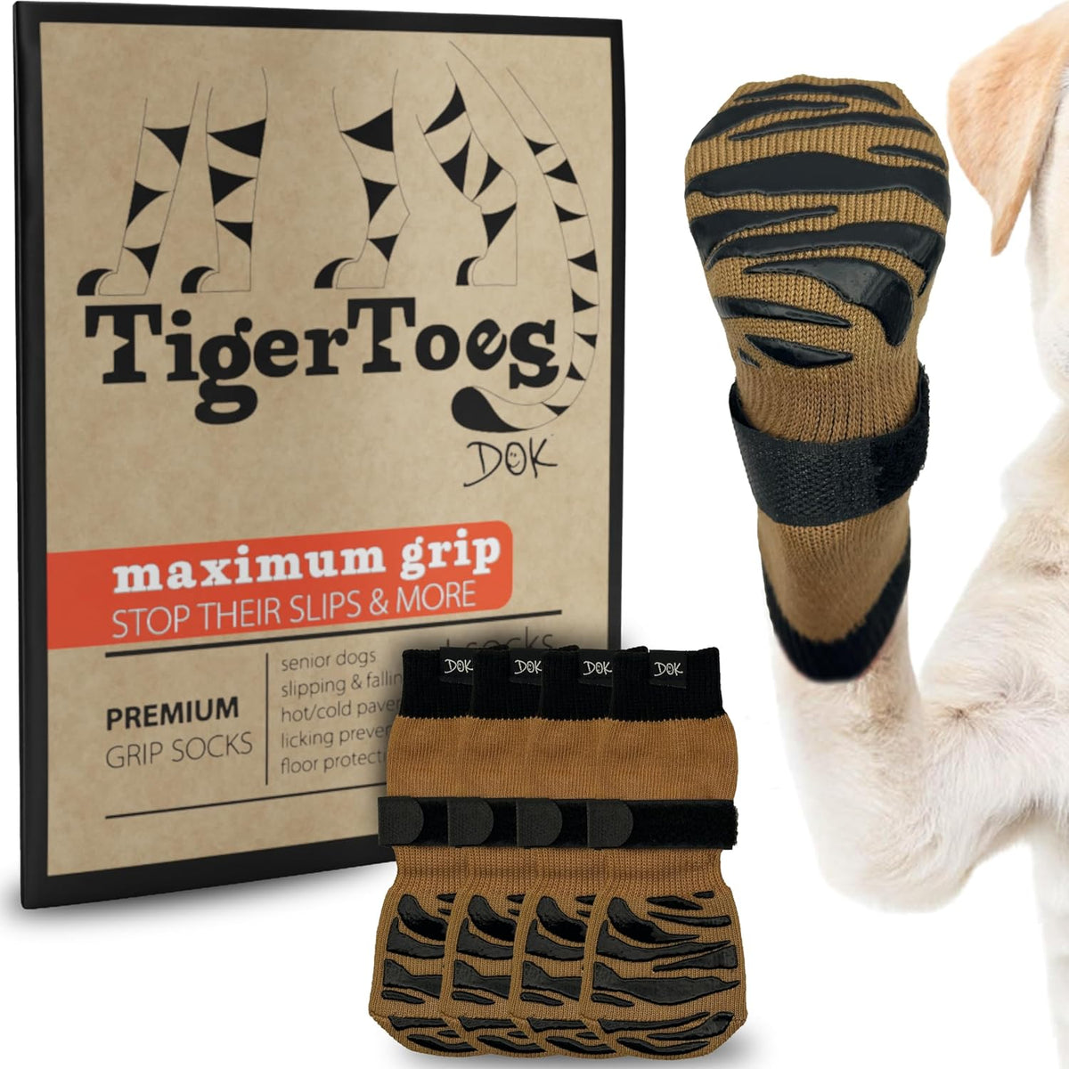 DOK TigerToes Premium Non-Slip Dog Socks for Hardwood Floors - Extra-Thick Grip That Works Even