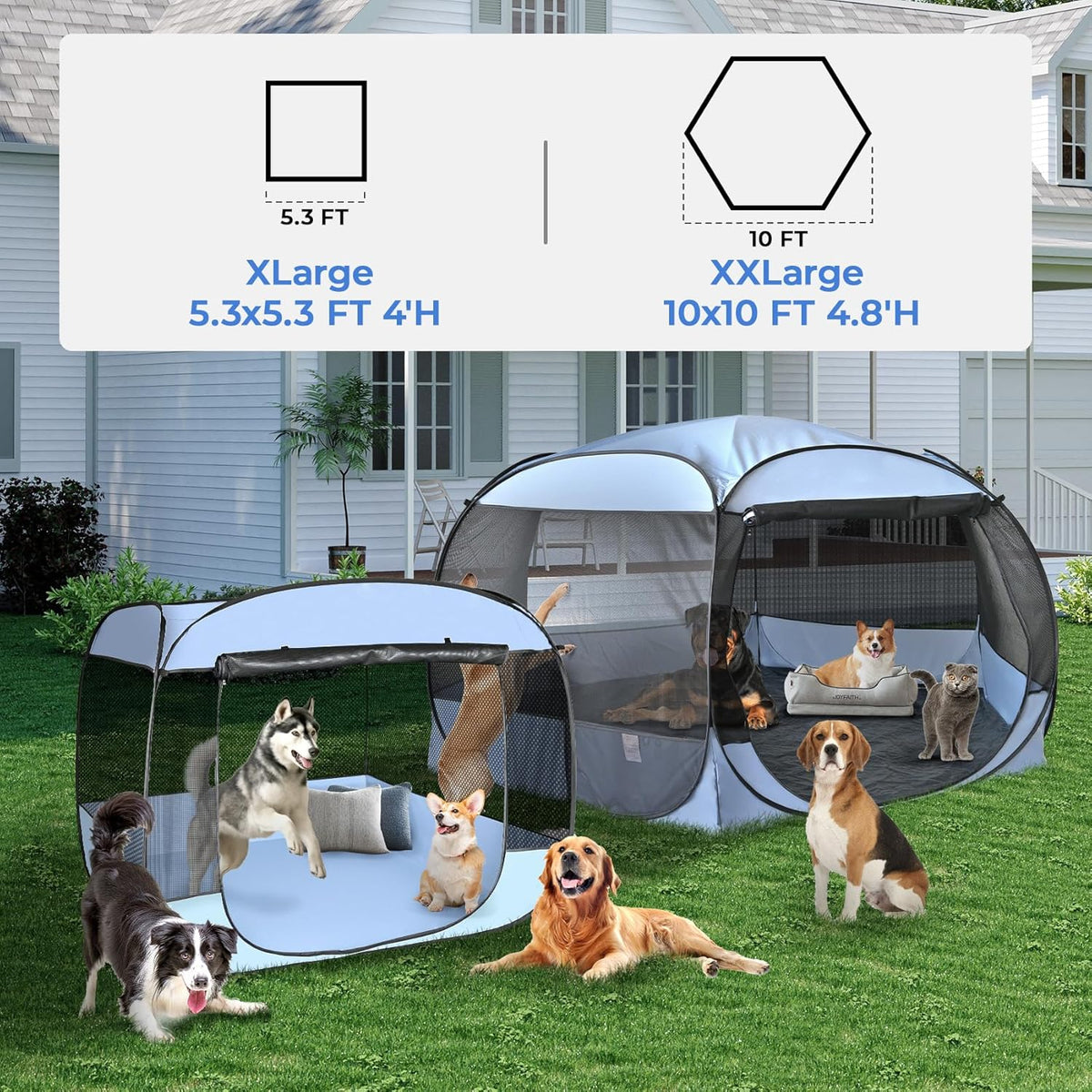 EighteenTek XLarge Popup Portable Dog Houses, 5.3'x4'H Assembly-Free Gazebo-Style Dog Cot Cat