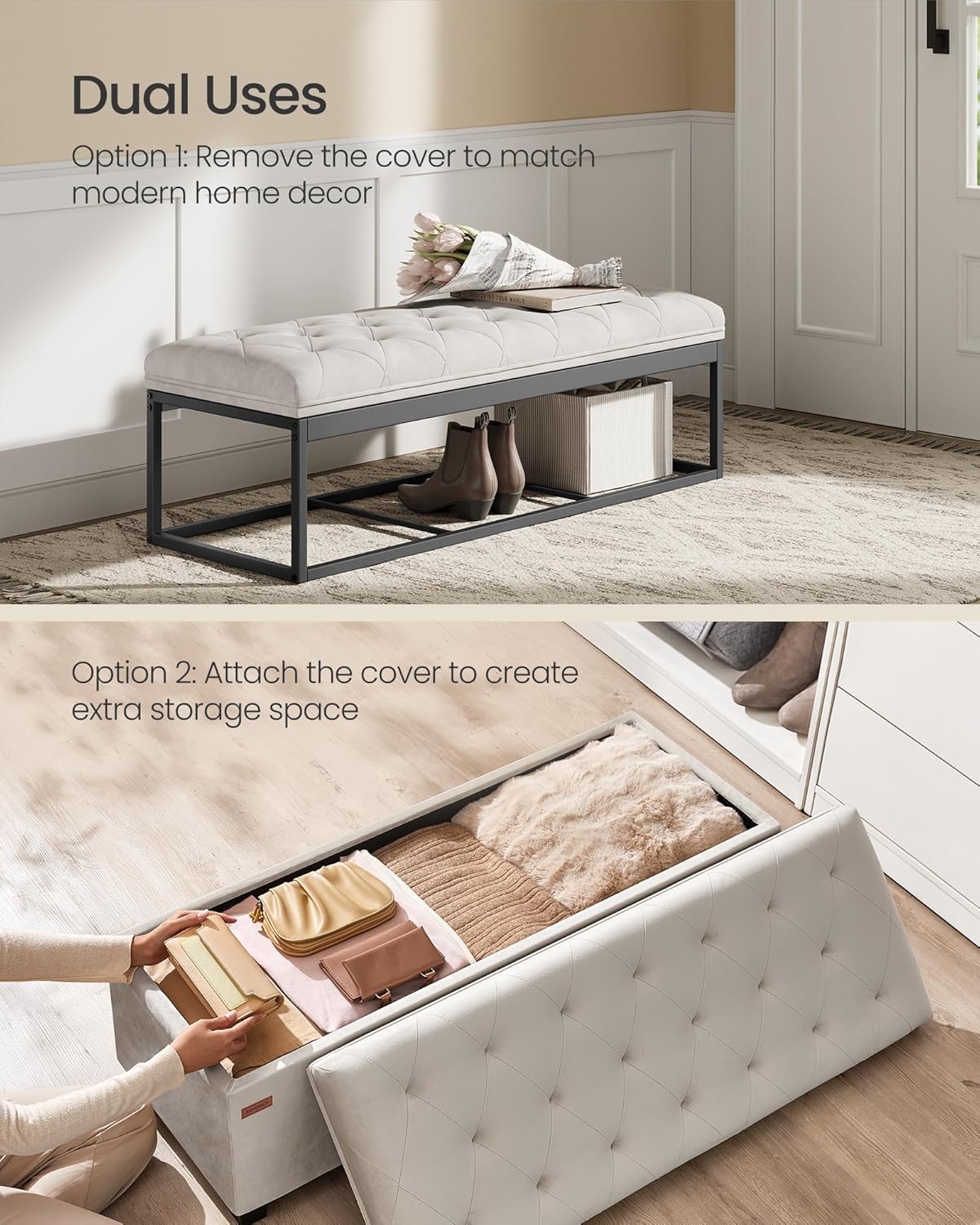 SONGMICS Velvet Storage Ottoman Bench, Foot Rest with Legs, 15.7 x 43 x 15.7 Inches, End of Bed