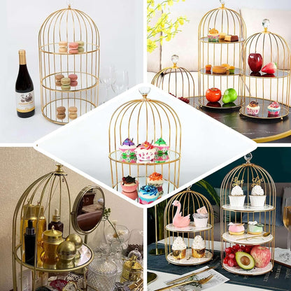 Efavormart 22" - 3 Tier Crystal Mirror Top Gold Metal Bird Cage Cupcake Cake Stand, Dessert Display