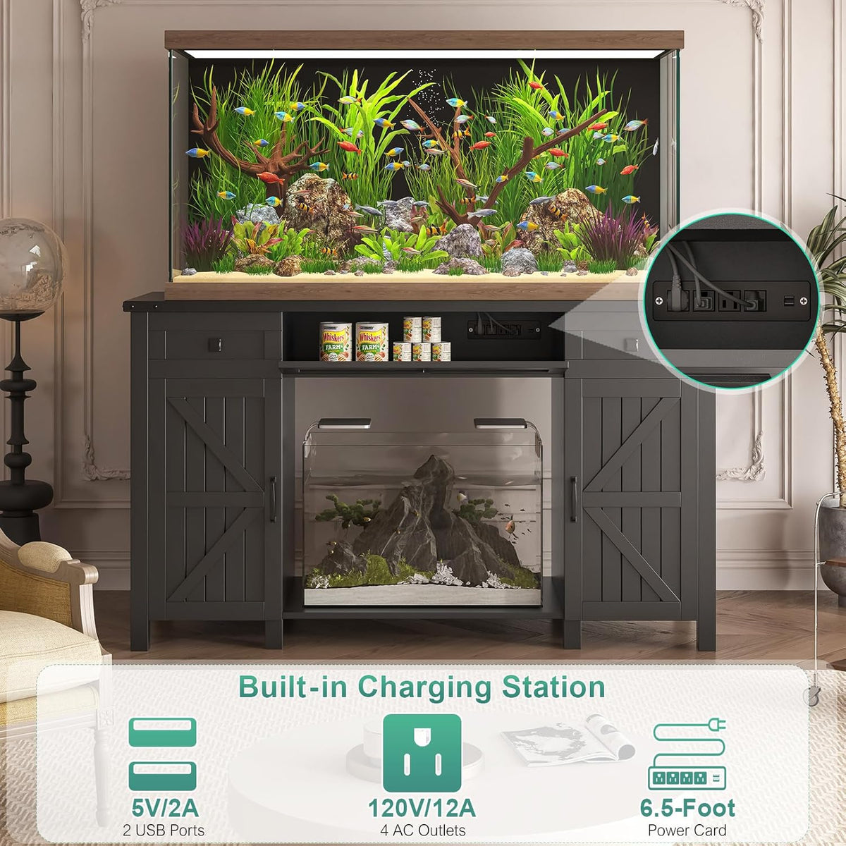 55-75 Gallon Aquarium Stand With Charging Station, Farmhouse Fish Tank Stand, Reptile Tank Stand