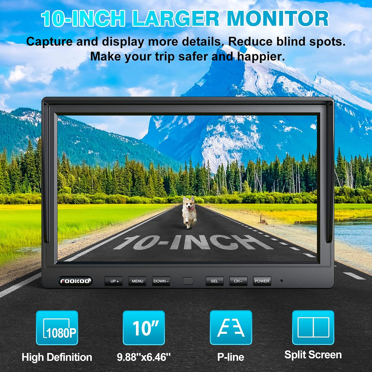 Fookoo 1080P 10" Wireless Backup Camera System, 10" Dual/Quad Split Monitor with Recording, IP69