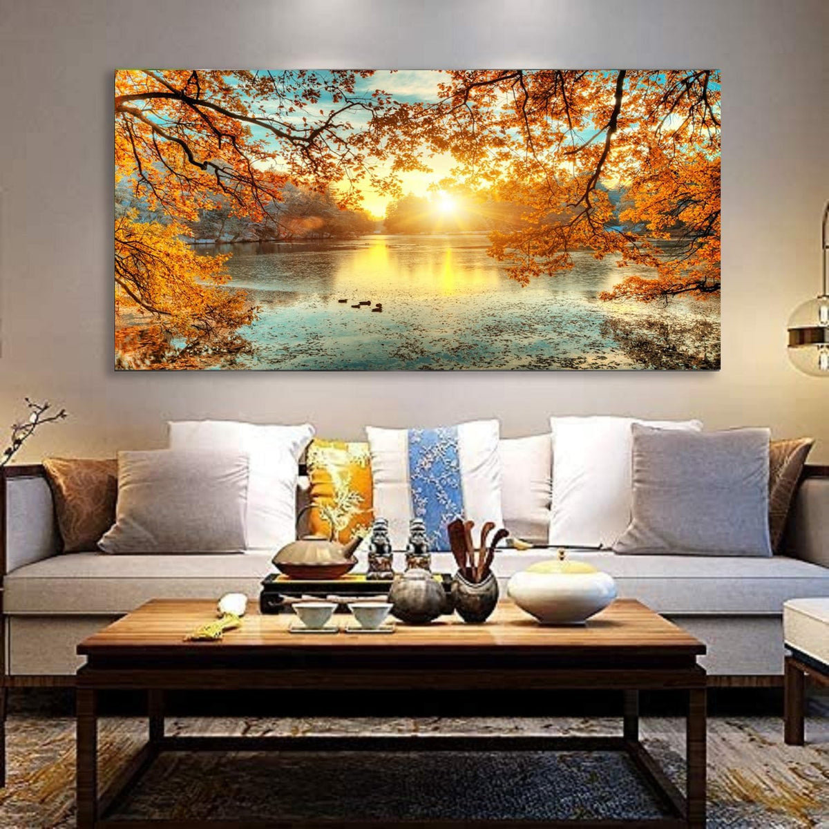 Yxbhhym-Landscape Tree Canvas Wall Art Fall Forest Sunset Wall Decor Poster Lake Water Pictures for