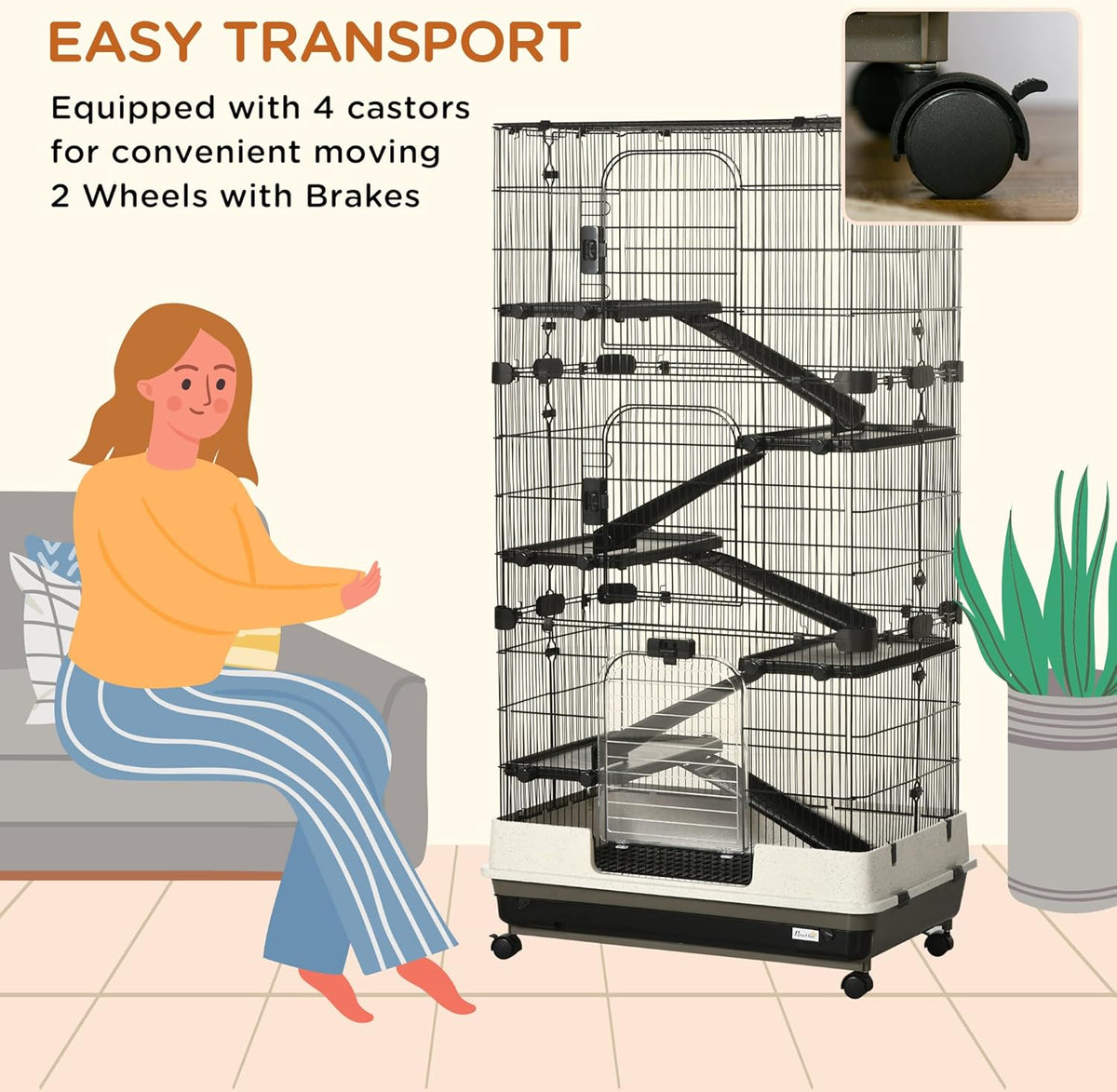 PawHut 59.5" Small Animal Cage with Wheels, 6-Level Portable Bunny Cage, Chinchilla Ferret Cage