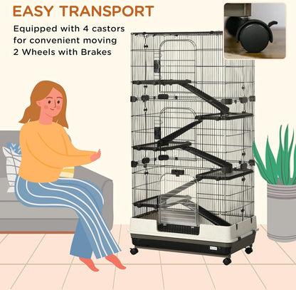 PawHut 59.5" Small Animal Cage with Wheels, 6-Level Portable Bunny Cage, Chinchilla Ferret Cage