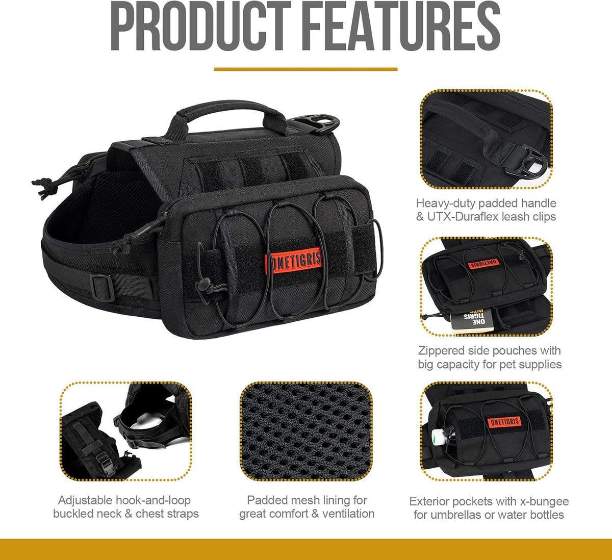OneTigris Dog Backpack for Medium & Large Dogs, Nylon Backpack for Dogs Tactical Pet Backpack with