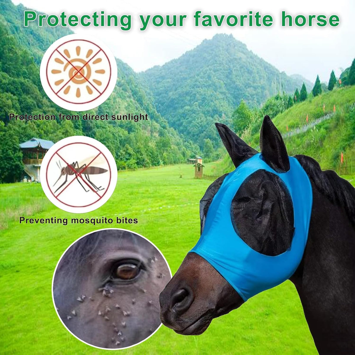 Horse Fly Mask with Ears, Comfortable Fit Stretch Fabric with UV Protection Soft on Skin
