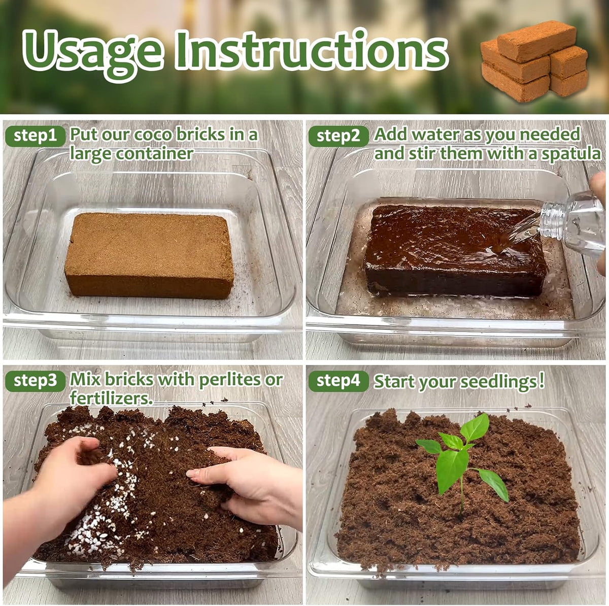 Riare 4pcs Organic Coco Coir Bricks Soil Blocks- 100% Natural Compressed Coco Peat Brick Coconut