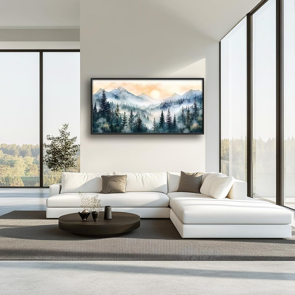 Large Misty Mountain Forest Wall Art for Living Room, Framed Foggy Sunrise Landscape Wall Decor