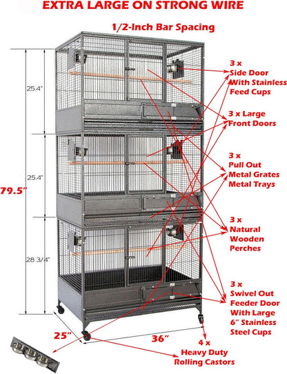 Extra Large Stackers Heavy Duty Wrought Iron Breeder Parrot Aviary Bird Breeding Rolling Cage with