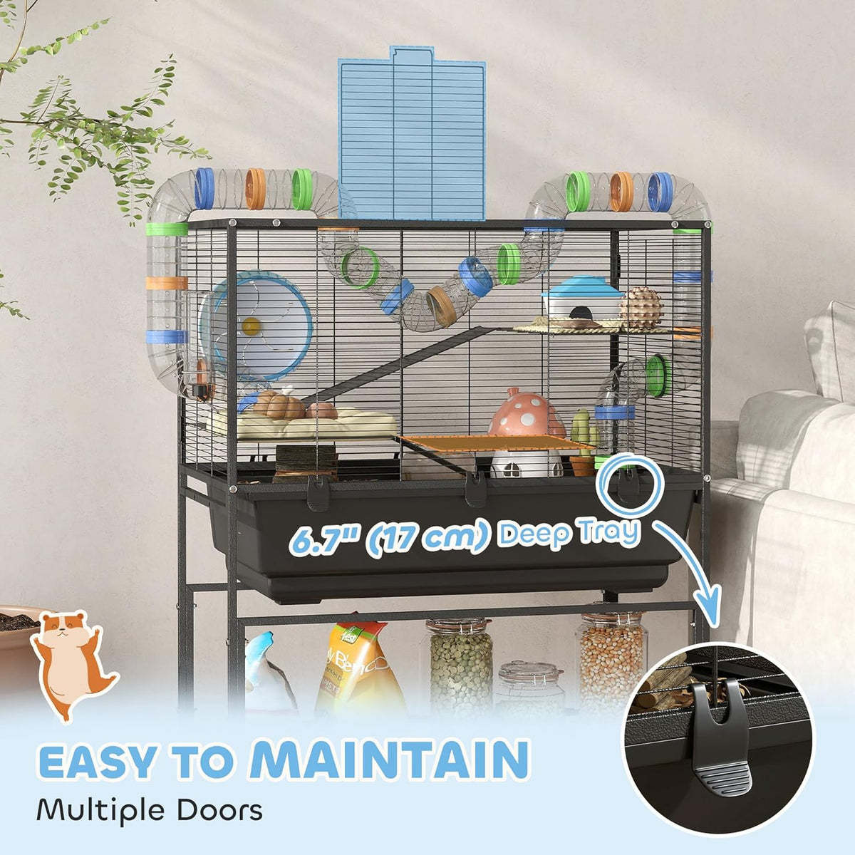 PawHut Hamster Cage with Deep Tray, 3 Tier Rolling Rat Cage with Storage Shelf, Big Exercise Wheel