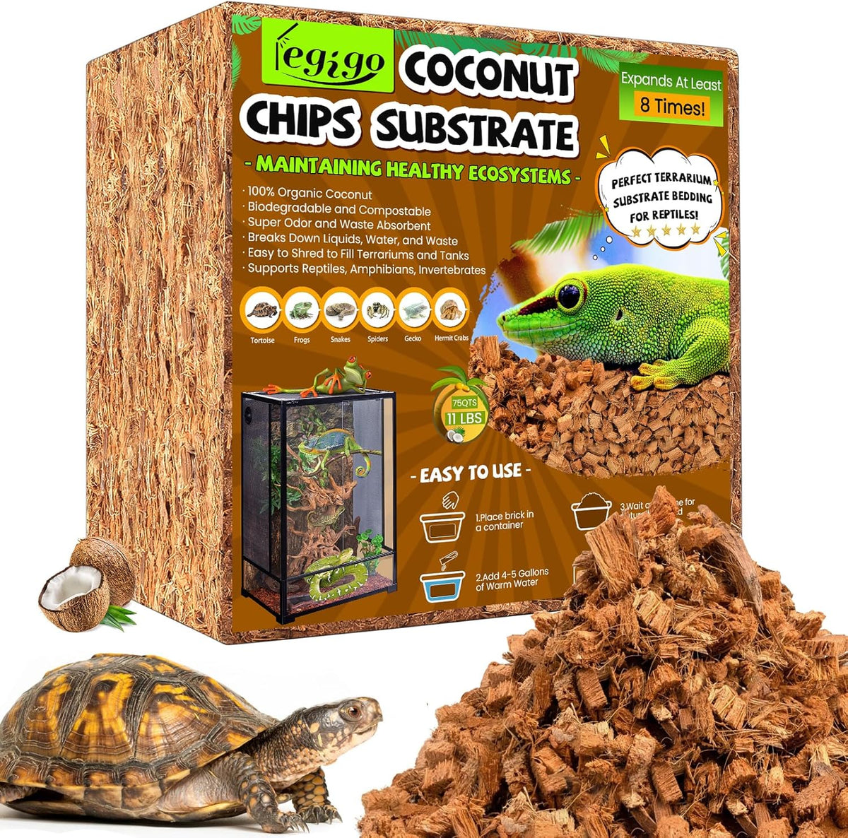 Legigo 10LBS Coconut Chip Substrate for Reptiles, 72QT Natural Coco Husk Chip Reptiles Bedding