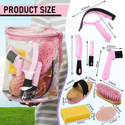 9 Pieces Horse Grooming Kit Tack Room Supplies Set with Organizer Tote Bag, Oval Massage Curry