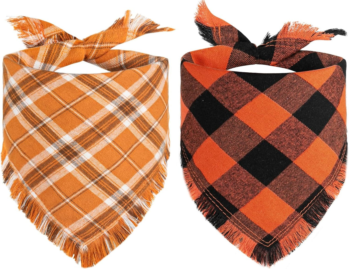 Kytely Fall Dog Bandana, 2Pack Halloween Dog Bandanas, Thanksgiving Classic Plaid Pet Scarf with