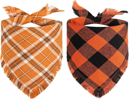 Kytely Dog Bandana Fall XLarge 2Pack, Halloween Autumn Dog Bandanas, Orange Plaid Pet Scarf for Boy