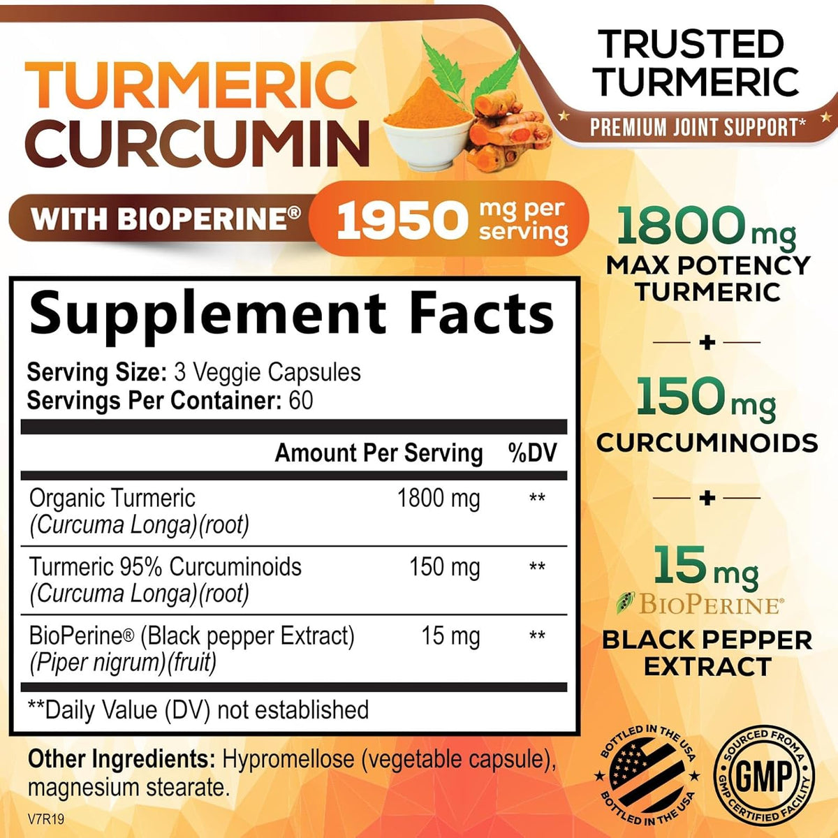 Turmeric Curcumin Supplement 1950mg - 95% Curcuminoids with Organic Turmeric & BioPerine Black