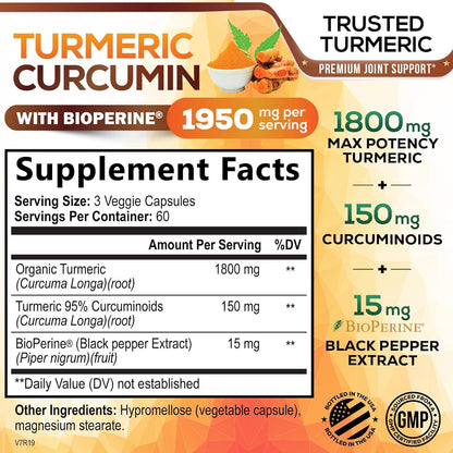 Turmeric Curcumin Supplement 1950mg - 95% Curcuminoids with Organic Turmeric & BioPerine Black