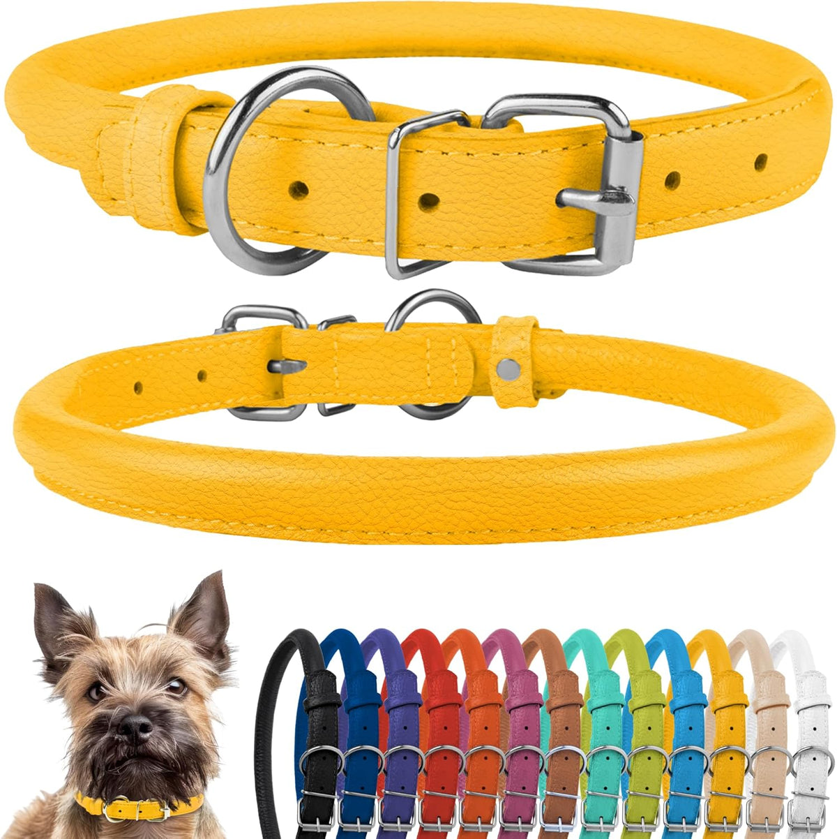 CollarDirect Rolled Leather Dog Collar, Soft Padded Round Puppy Collar, Handmade Genuine Leather
