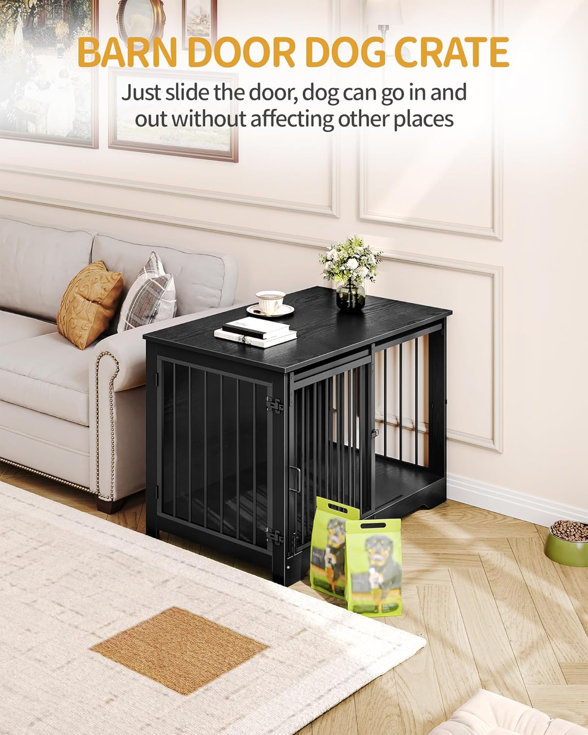 39.3" Dog Crate Furniture with Barn Door, Heavy Duty Dog Kennel Indoor with 2 Doors, Wooden Pet