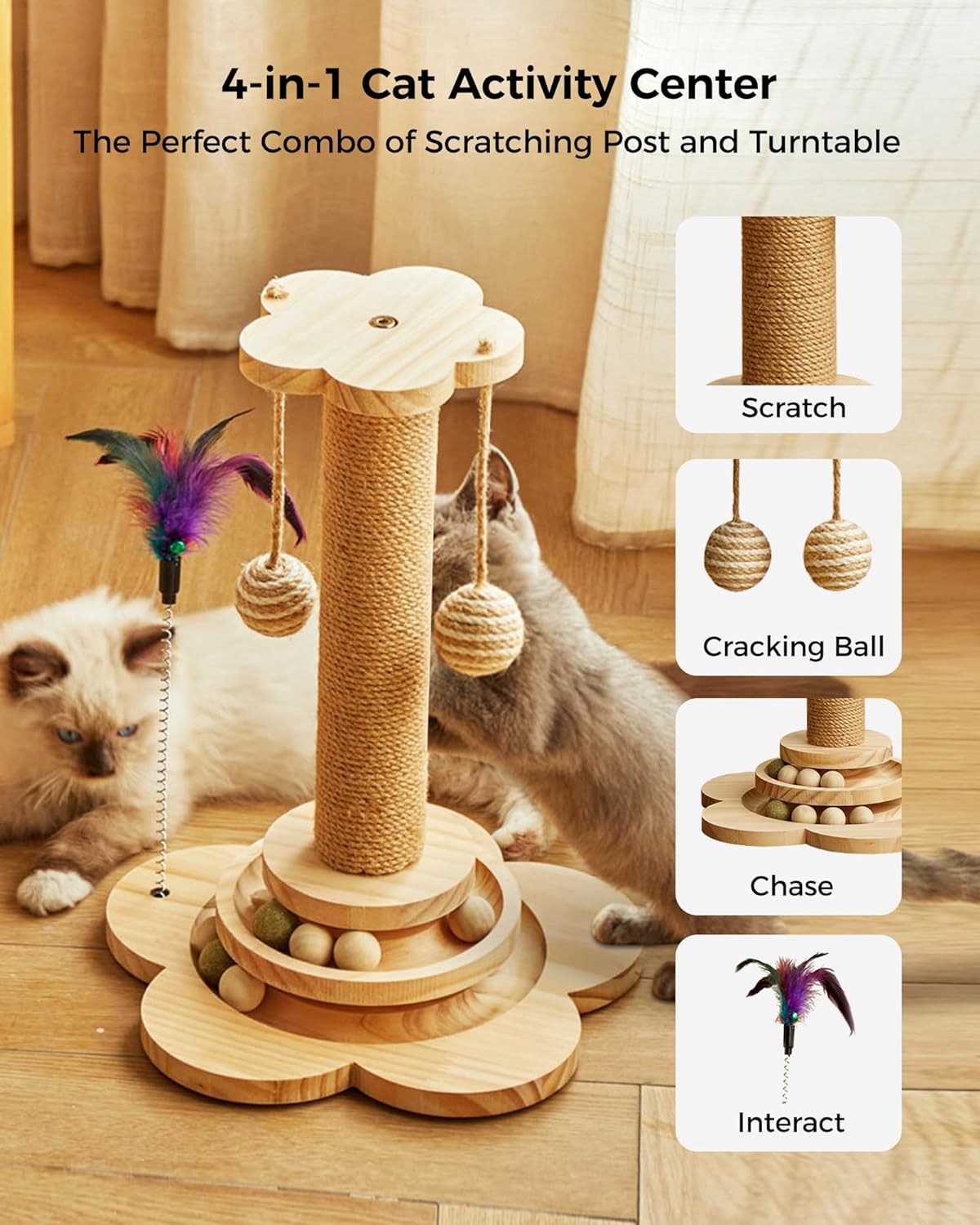 Cat Scratching Post, 4 in 1 Wooden Cat Scratcher Toy, 17.7" Tall Scratch Post with 2 Level Cat