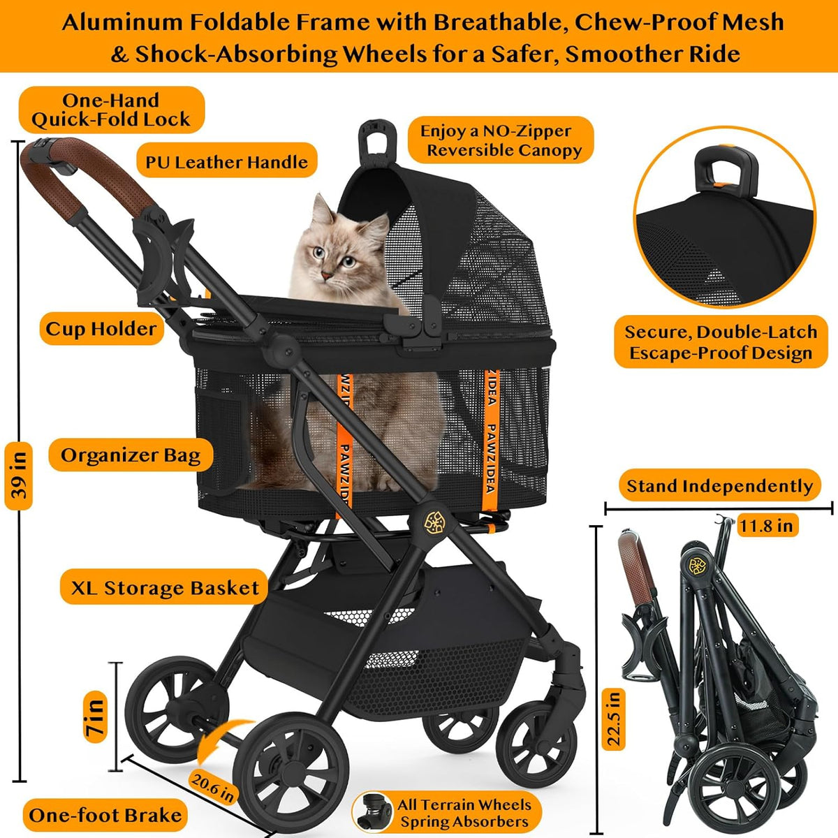 PAWZIDEA Dog Stroller 4 in 1, Pet Stroller for Cats with Detachable Carrier for Small/Medium