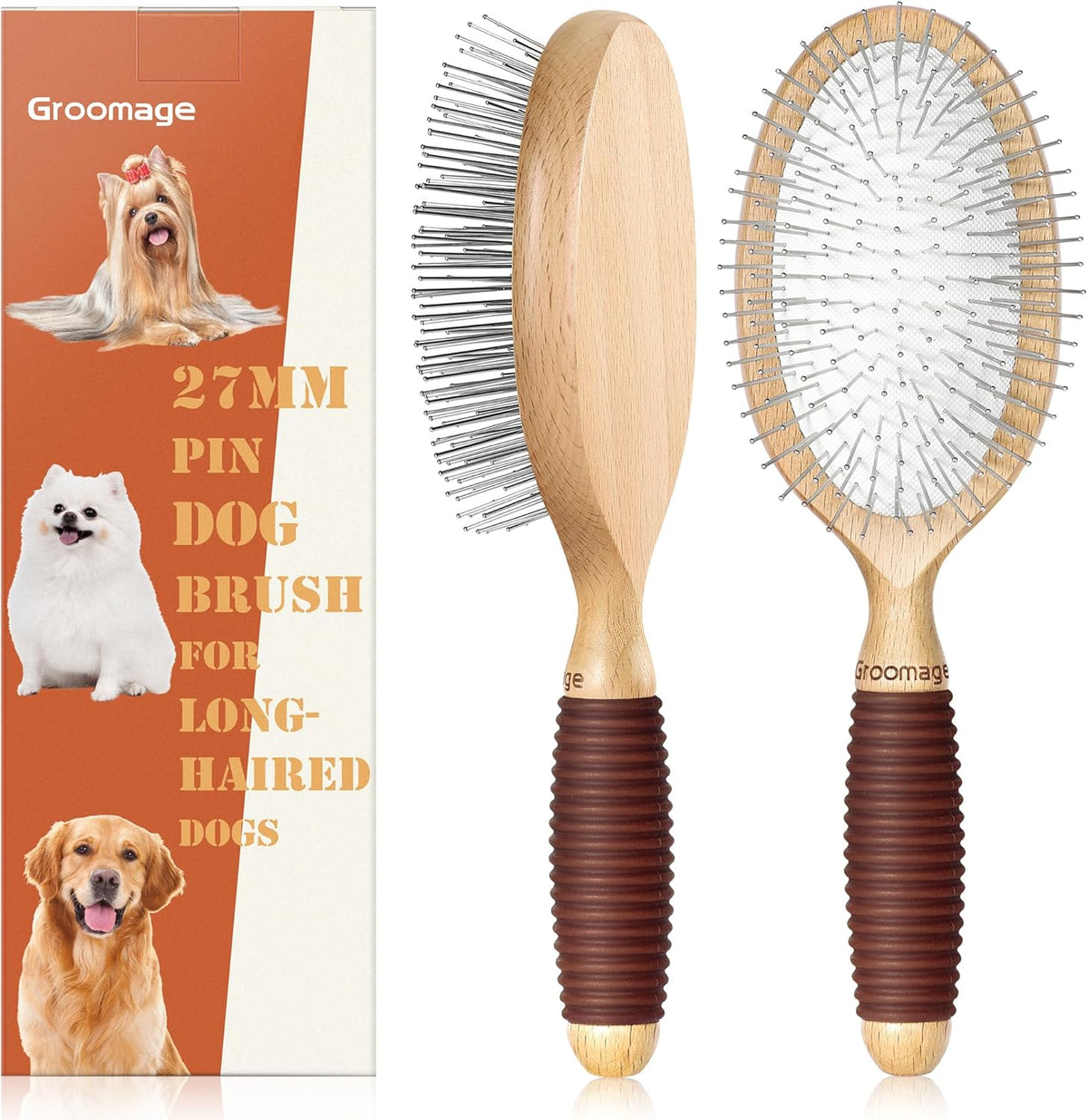 Dog Brush for Long Haired Dogs, 27mm Extra Long Pin Brush for Grooming, Shedding - Beech Wood