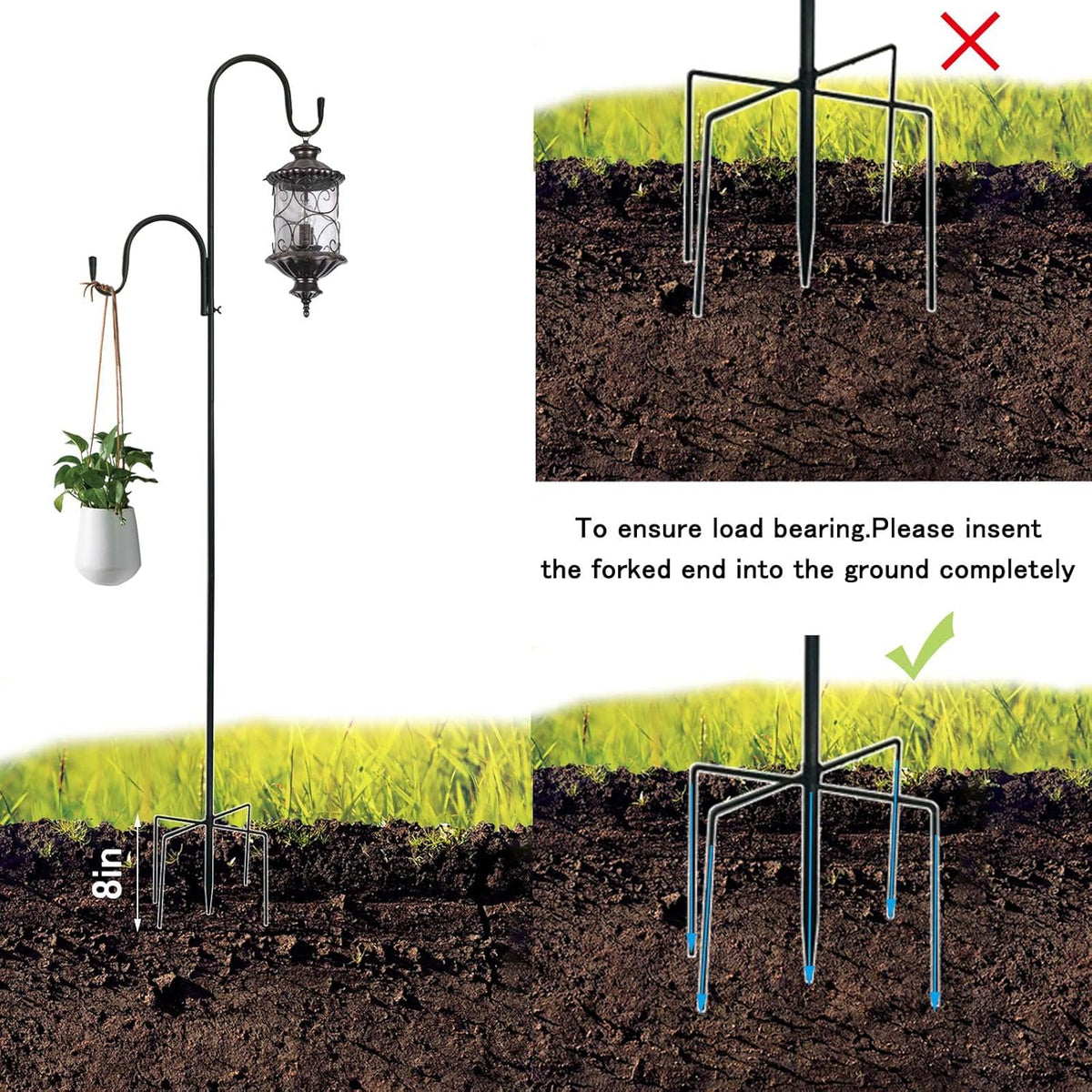 MIPON 2 Pack 78 Inch Double Shepherds Hooks for Outdoor Bird Feeder,Hanging Plants,Solar