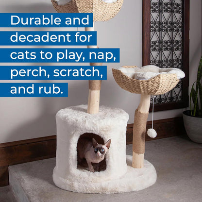 The Bungalow Cat Tree - Luxury Cat Condo, Large Modern Indoor Tower with 2 Faux Fur Beds
