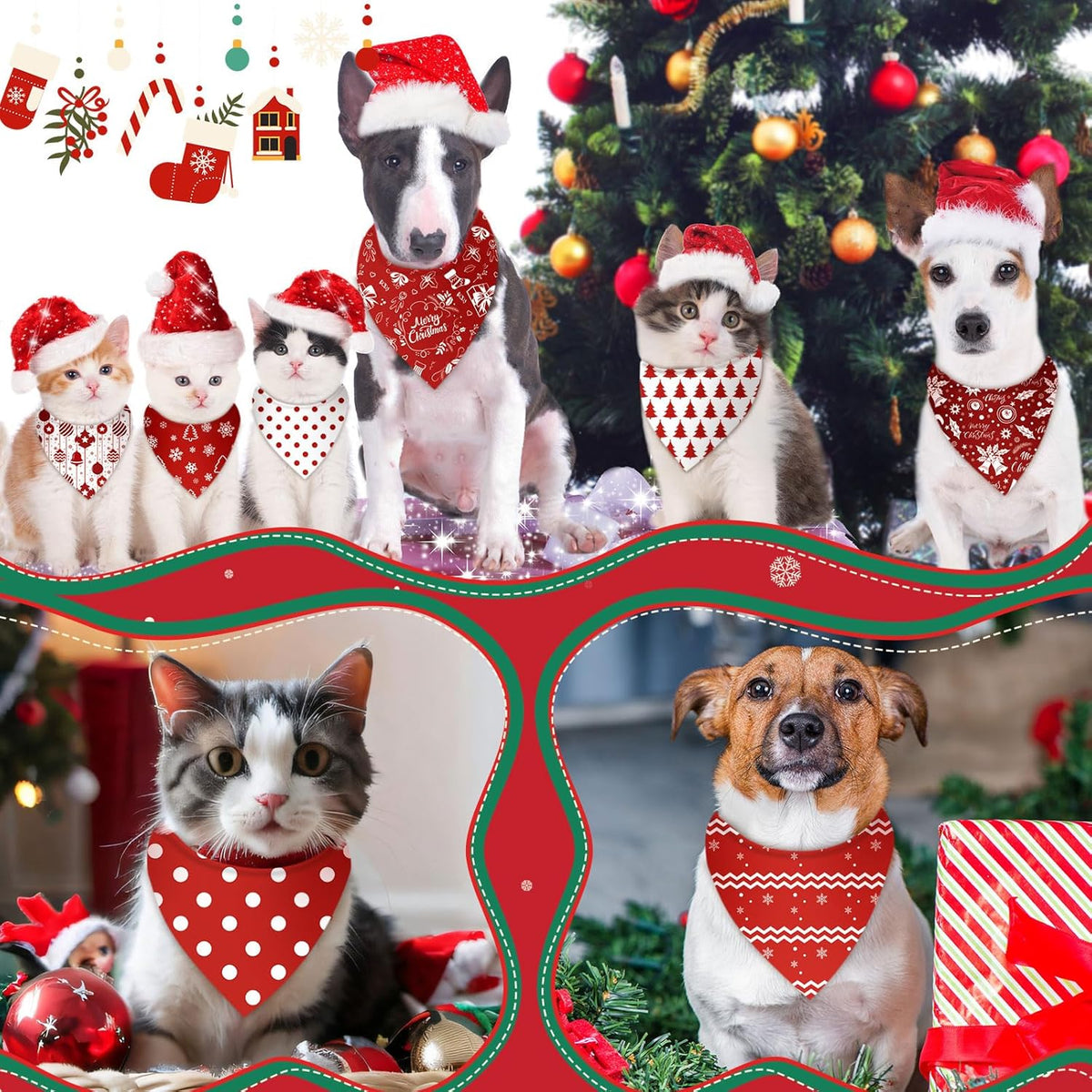 Abbylike 50 Pcs Christmas Dog Bandanas Bulk Xmas Red and White Bandanas for Dogs Triangle Kerchief