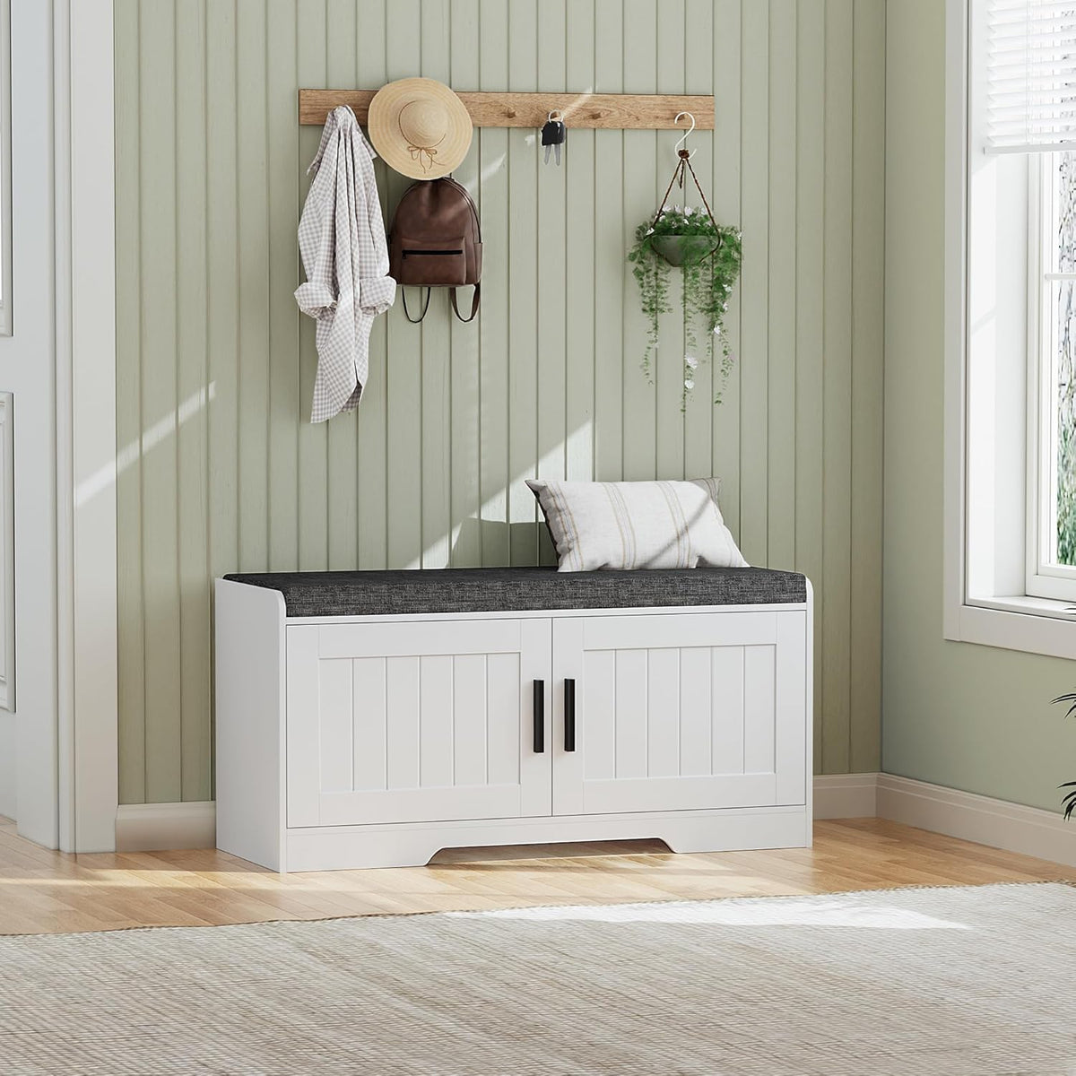 2-Tier Storage Bench, Shoe Bench with Thickened Padded Seat Cushion, Entryway Bench with 2 Doors