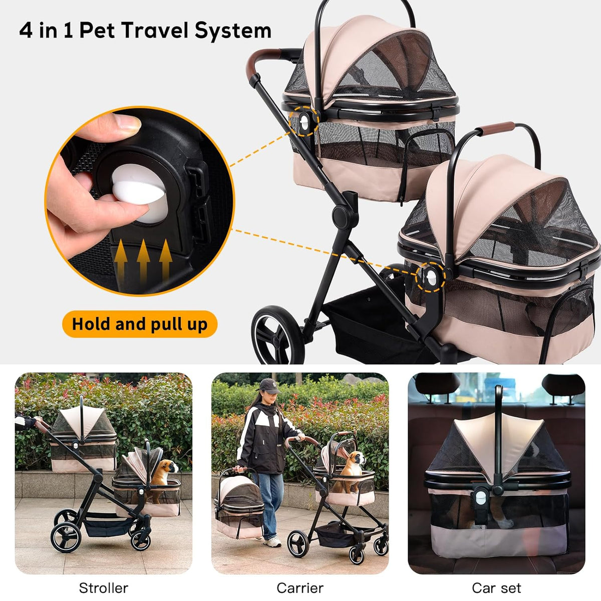 Foldable Double Pet Stroller for 2 Small Medium Cats Dogs, Lightweight Single and Double Integrated