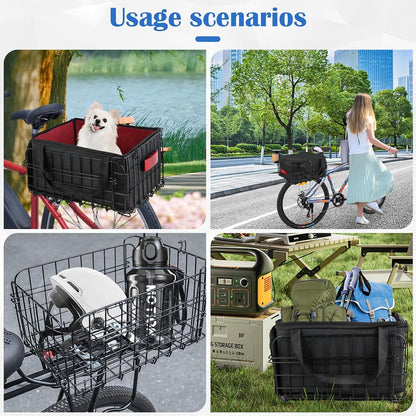 Bike Basket Rear, Folding Bicycle Basket with Removable Waterproof Liner Bag, Rear Bike Cargo Rack
