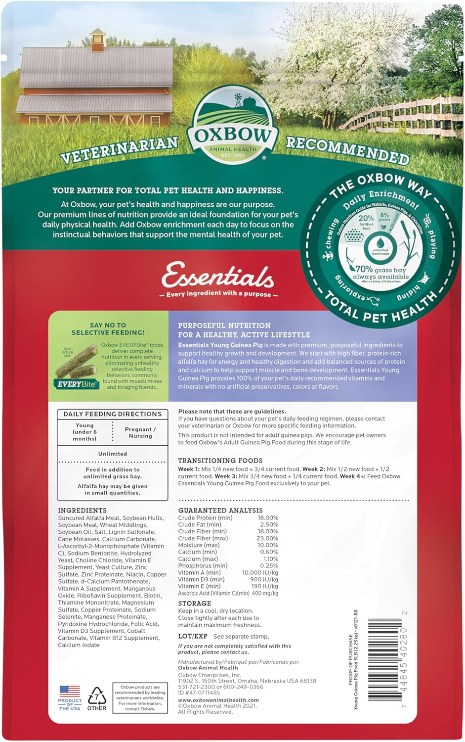 Oxbow Essentials Guinea Pig Food, Young Guinea Pig, Made Alfalfa Hay, Pet Food Pellets with Vitamin
