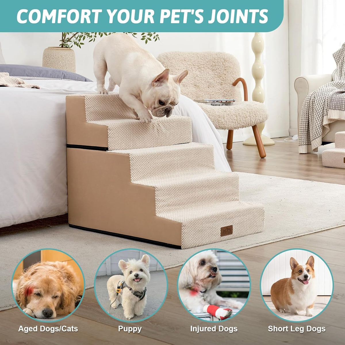Dog Stairs for Small Dogs, 5 Tier Removable Wider Pet Stairs for Couch and Bed, 23.6" H Non-Slip