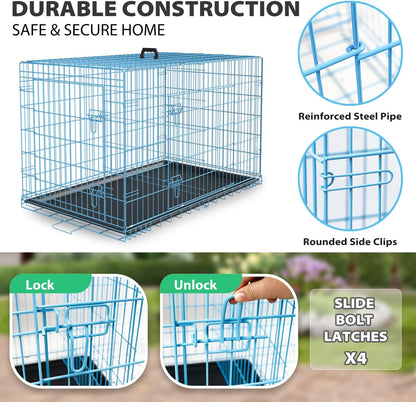 BestPet | Dog Crate | 24" | Blue | Foldable Metal Kennel with Double Doors, Secure Slide-Bolt