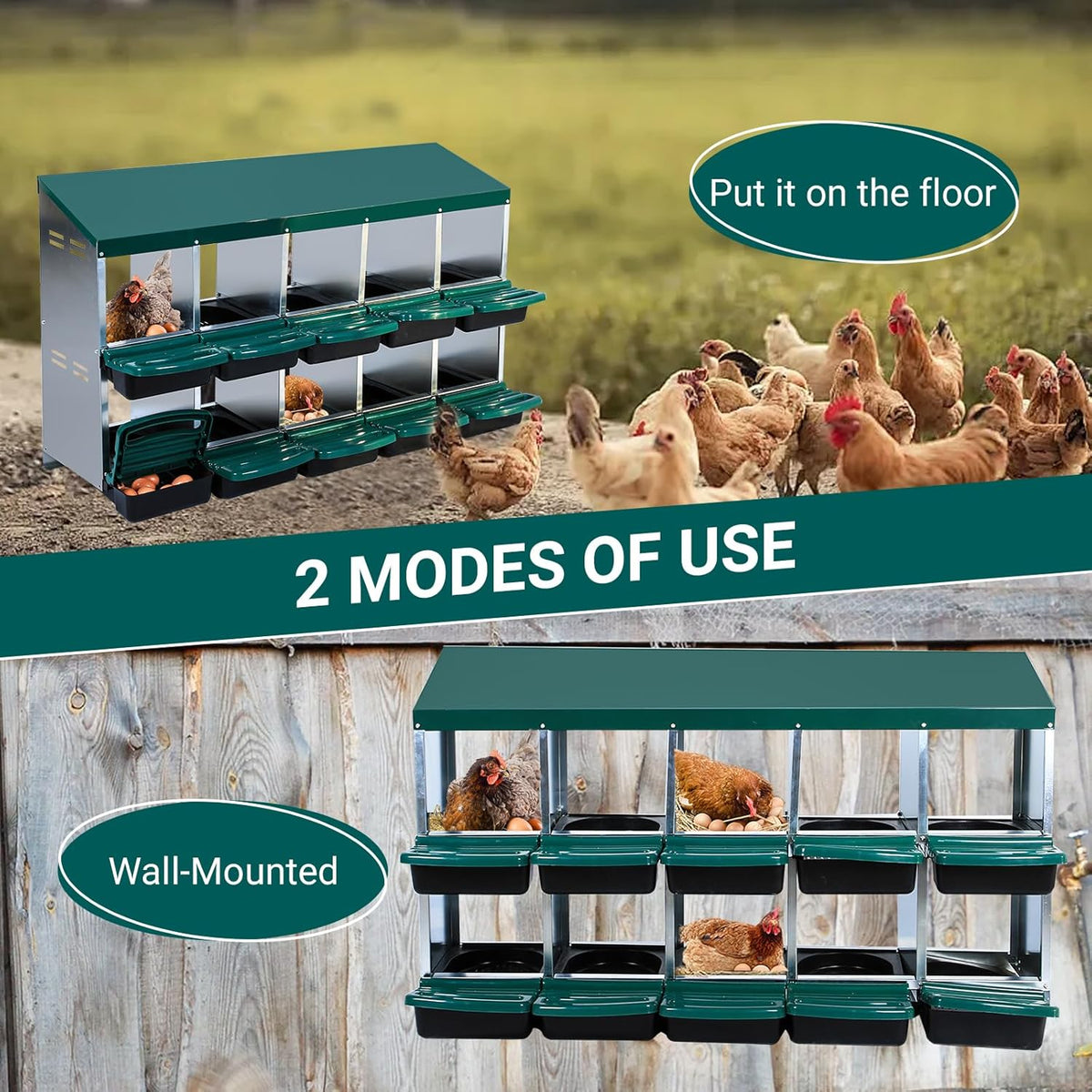 Chicken Nesting Box, 10 Hole 2 Layer Hen Nest Boxes, Roll Away Eggs Laying Boxes,Cleanable Pull Out