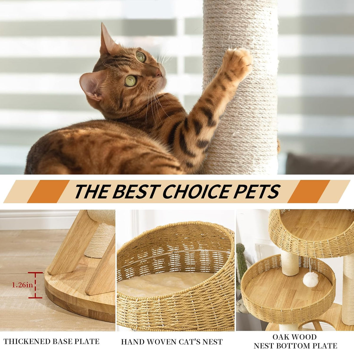 Big Modern Design Cat Tree Tower, Cat Tower Sisal-Covered Scratching Posts for Indoor Cats, Natural