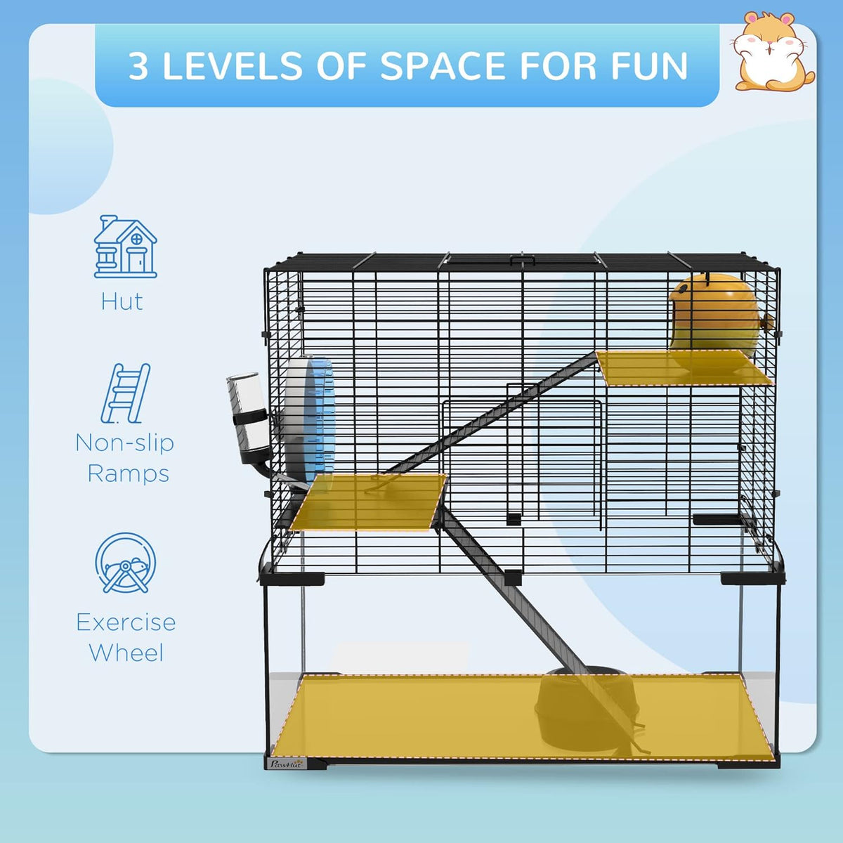 PawHut Large Hamster Cage with Deep Tempered Glass Bottom, 3 Tiers Hamster Tank with Running Wheel