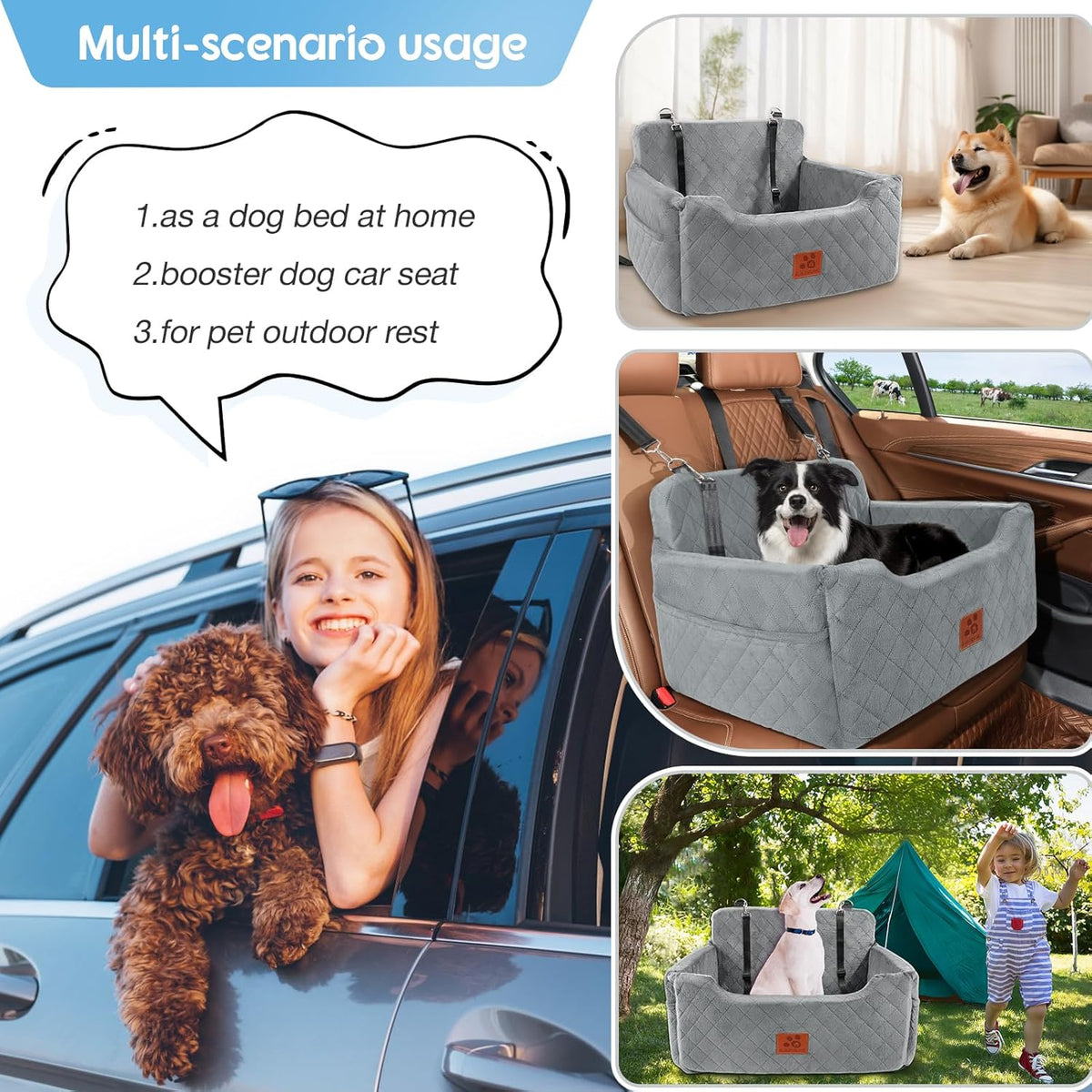 Dog Car Seat for Medium/Large Dogs, Dog Booster Seat for Pet Under 50lbs or 2 Small, Detachable and