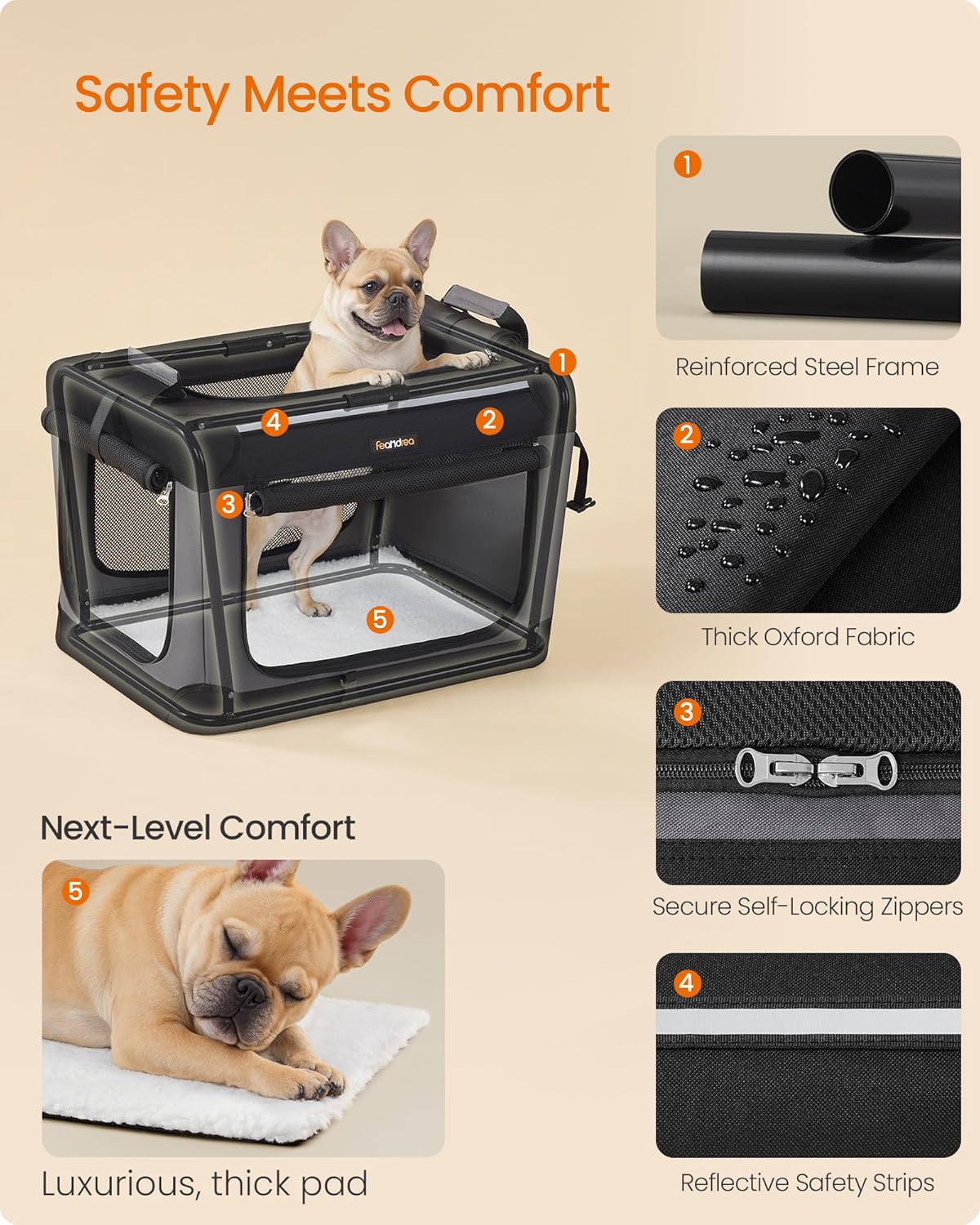 Feandrea Collapsible Dog Crate, 24-Inch Portable Dog Travel Crate for Small Dogs, Oxford Fabric Pet