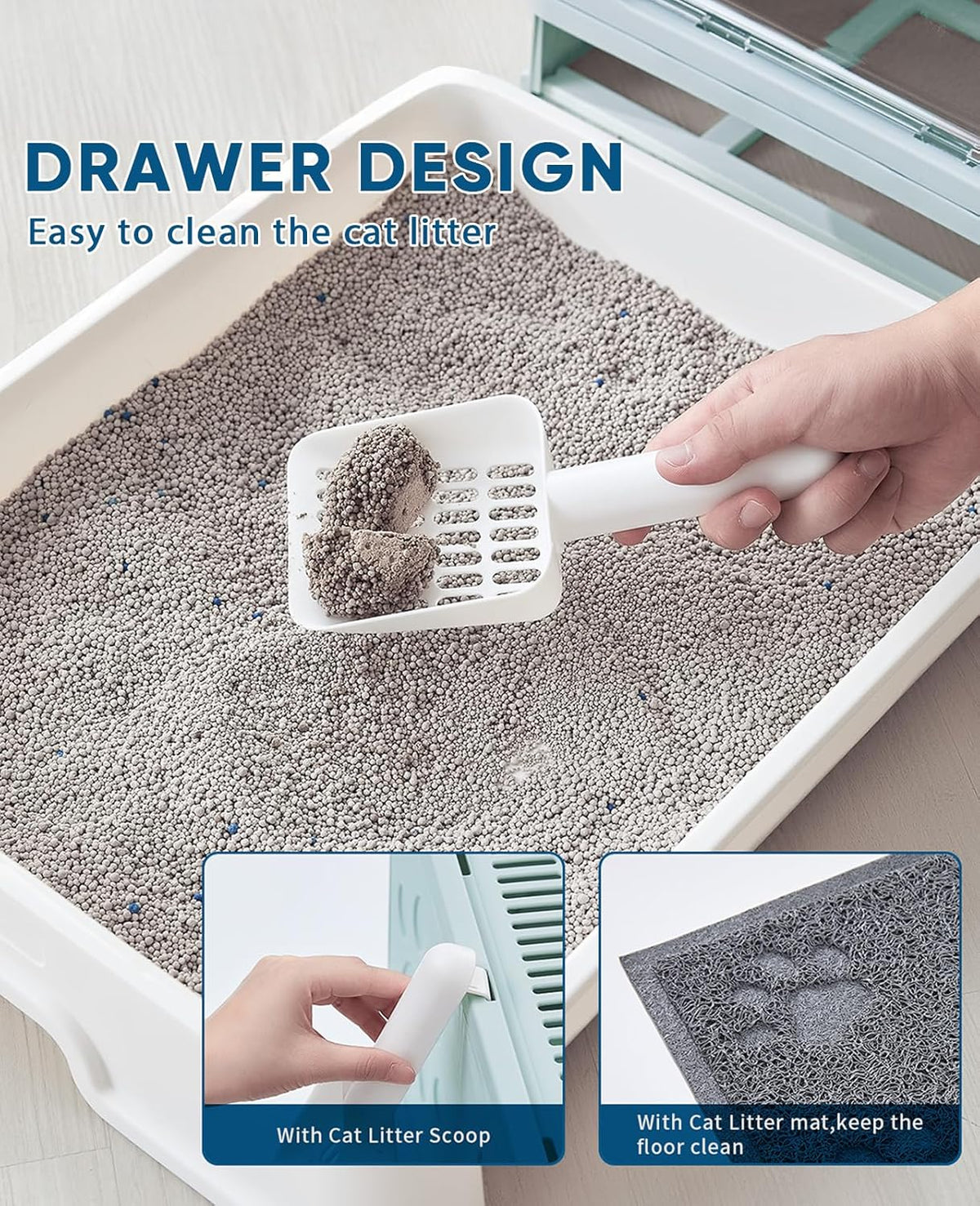 Cat Litter Box with Litter Mat and Scoop, Large Foldable Litter Box with Lid, Front Entry Top Exit