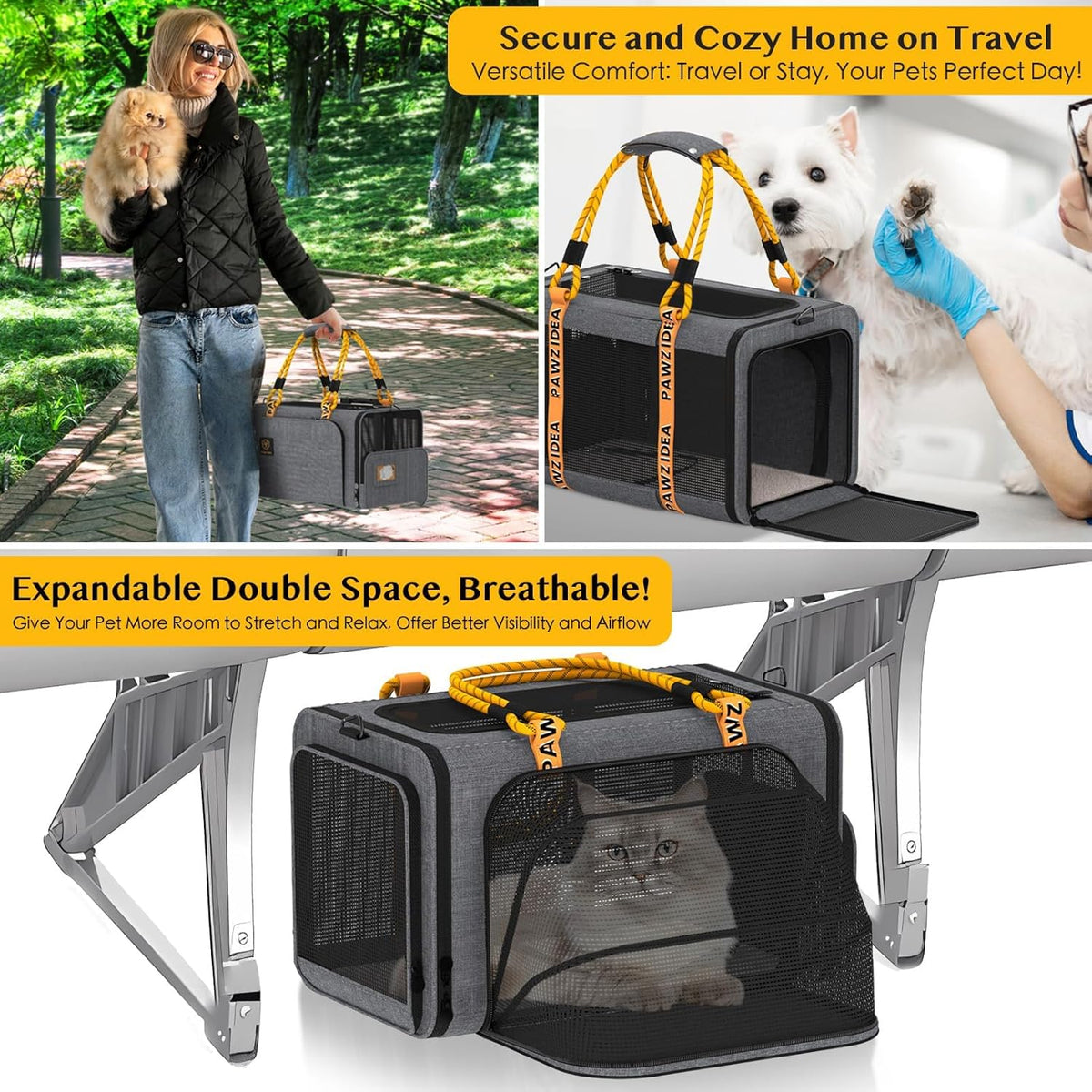 PAWZIDEA Expandable Pet Carrier w/ID Card, 18x11x11 in Small Dog Carrier TSA Airline Approved, Top