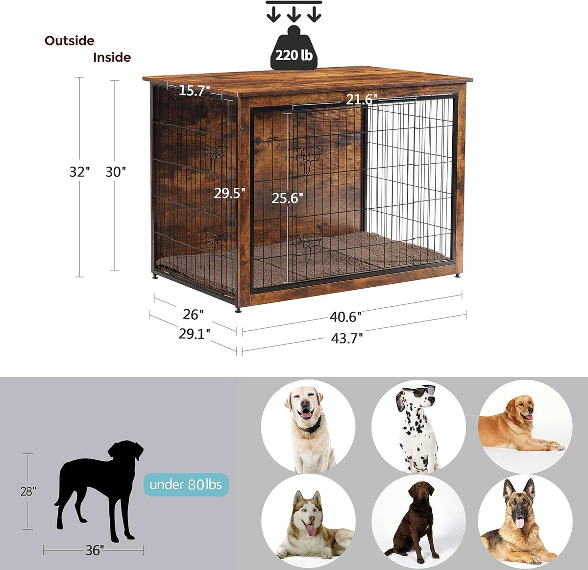 DWANTON Dog Crate Furniture with Cushion, Wooden Kennel Table with Double Doors, Indoor Dog House