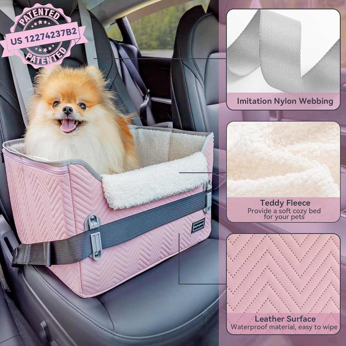 PETSFIT Dog Car Seats for Small Dogs, Portable Puppy Car Saet for Car with Clip-On Leash