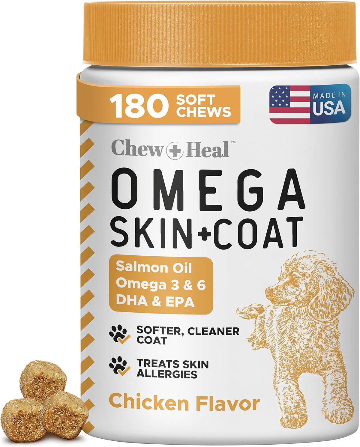 Salmon Oil for Dogs - 180 Soft Chew Omega Treats for Skin and Coat - Fish Oil Blend of Essential