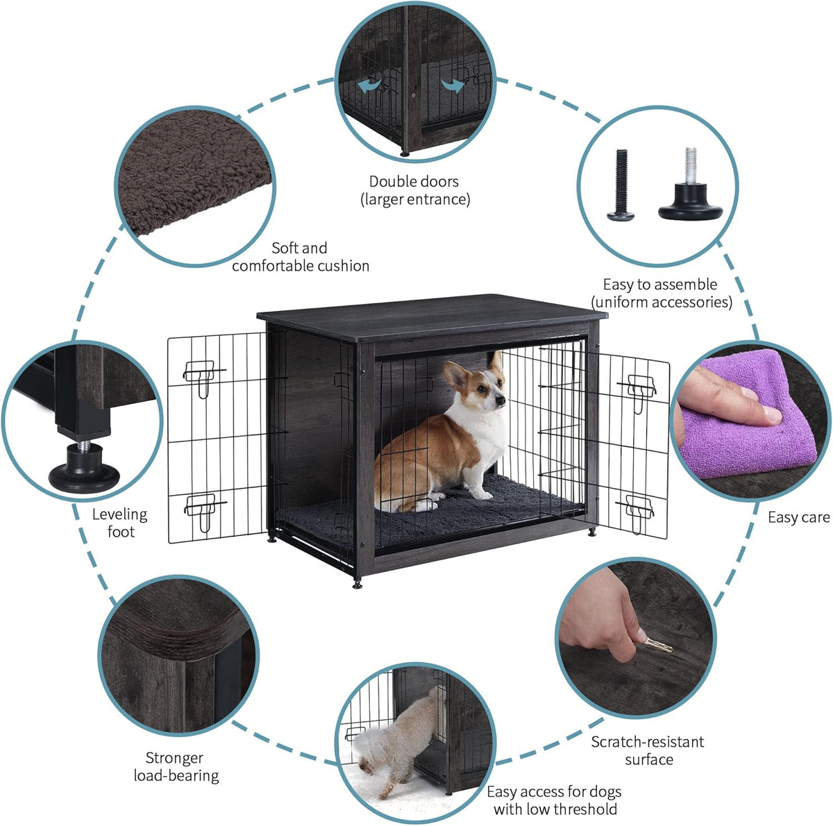 DWANTON Dog Crate Furniture with Cushion, Wooden Kennel Table with Double Doors, Indoor Dog House