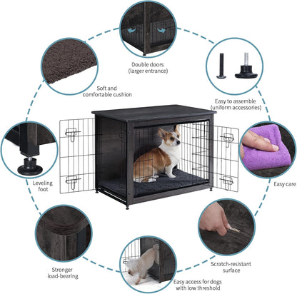 DWANTON Dog Crate Furniture with Cushion, Wooden Kennel Table with Double Doors, Indoor Dog House